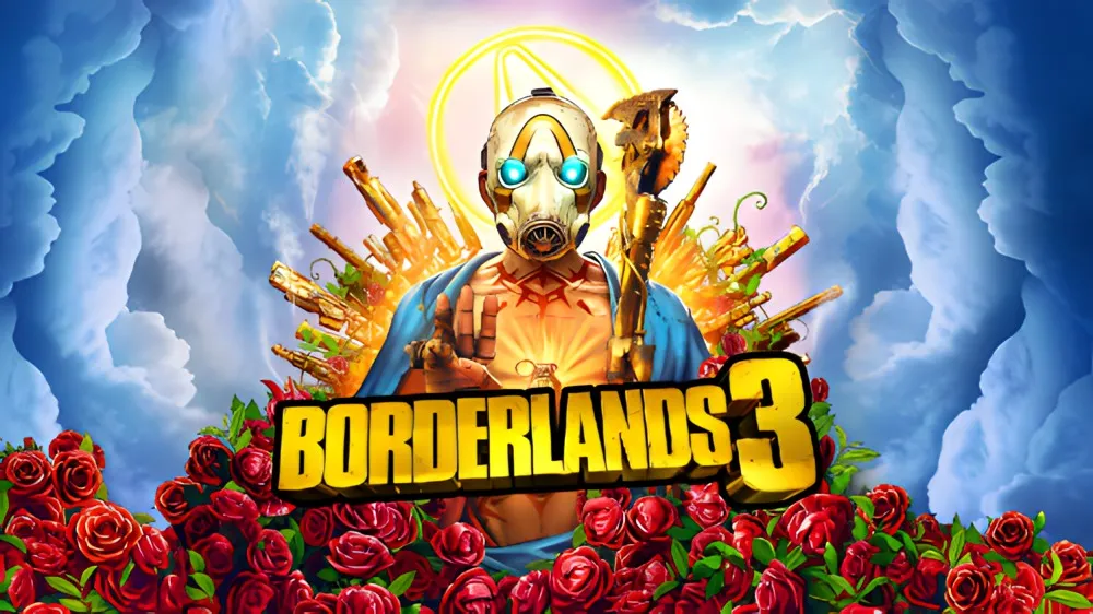 Borderlands 3 key art featuring Handsome Jack's mask surrounded by weapons and red roses