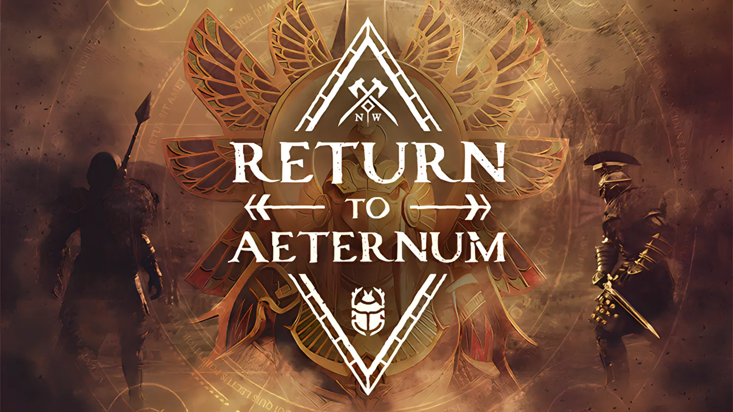 New World: Return to Aeternum key art — two armored warriors flanking a winged emblem beneath the event logo
