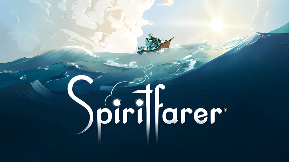 Spiritfarer box art showing a small boat sailing toward the sun above the game's logo